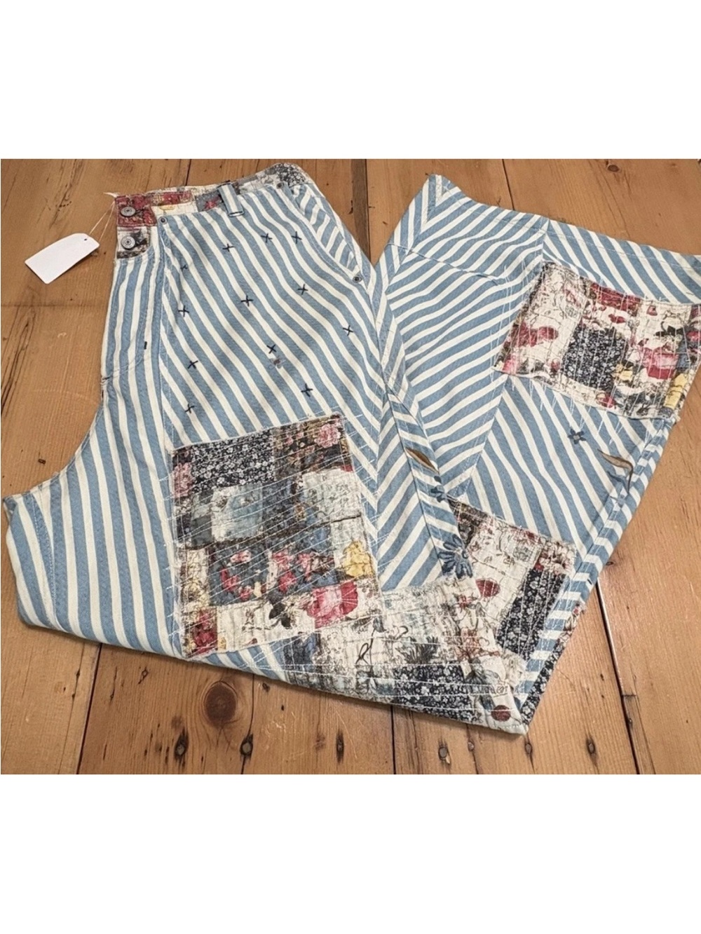 FREE PEOPLE Runyon Patched Pants - Wide Leg Striped Floral Patchwork - Picture 4 of 10